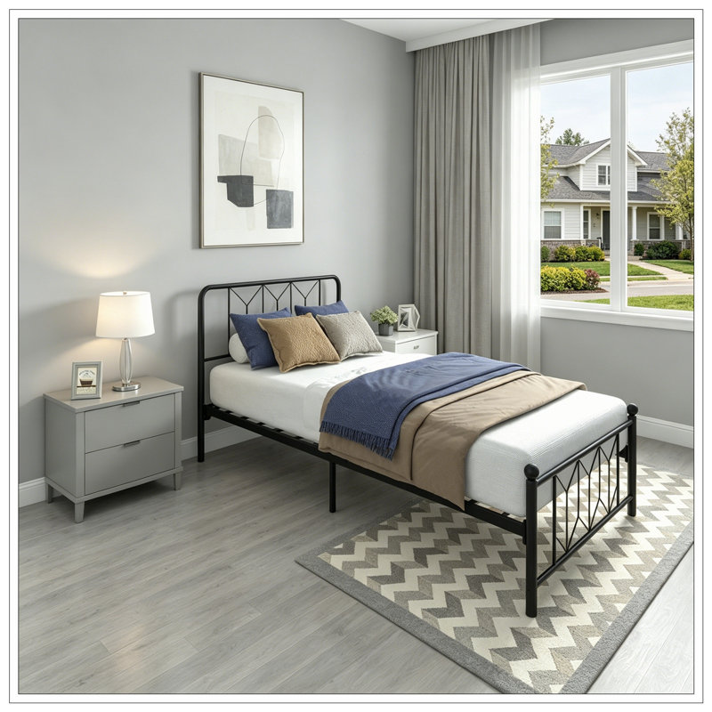 Cadres de lit simple, tête de lit et station de charge et lumière DEL pour la chambre à coucher, solide et stable, sans bruit, aucun sommier requis, assemblage facile