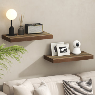 Ensemble de 2 tablettes murales flottantes Furinno TANNA, 2 tablettes murales 12 x 24, tablette flottante murale avec support invisible, tablette de 2 po d'épaisseur, pour salle de bain, salon, chambre à coucher, bureau à domicile, brun rétro