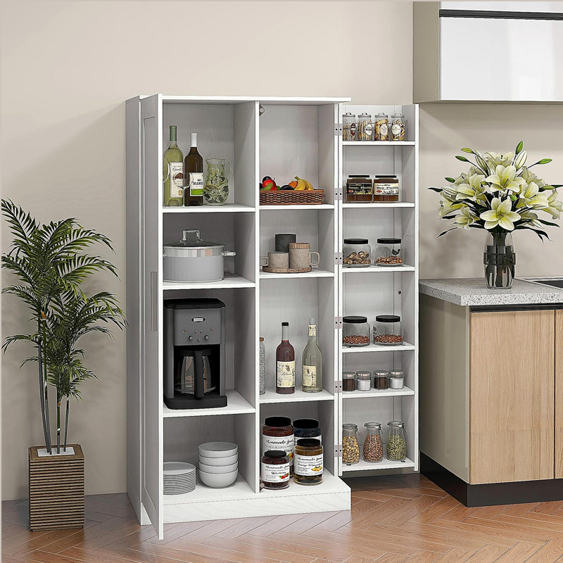 Armoire de rangement Kitchen Pantry, armoire à 14 niveaux avec 2 portes, tablettes réglables, blanc