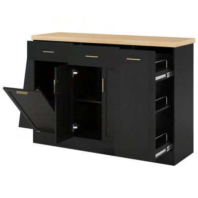 Multi-Functional Storage Sideboard with Trash Can Storage, Sliding Door Cabinet & 3-Tier Spice Rack (Black)