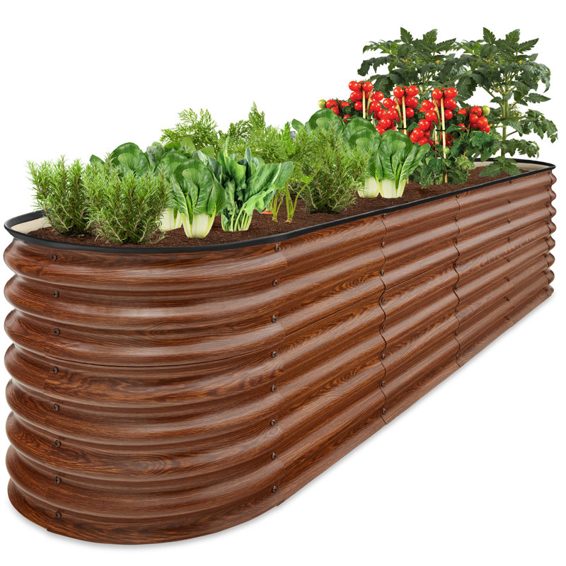 Shalynn 8x2x2ft Metal Raised Garden Bed, Oval Outdoor Planter Box w/ 4 Support Bars, Brown