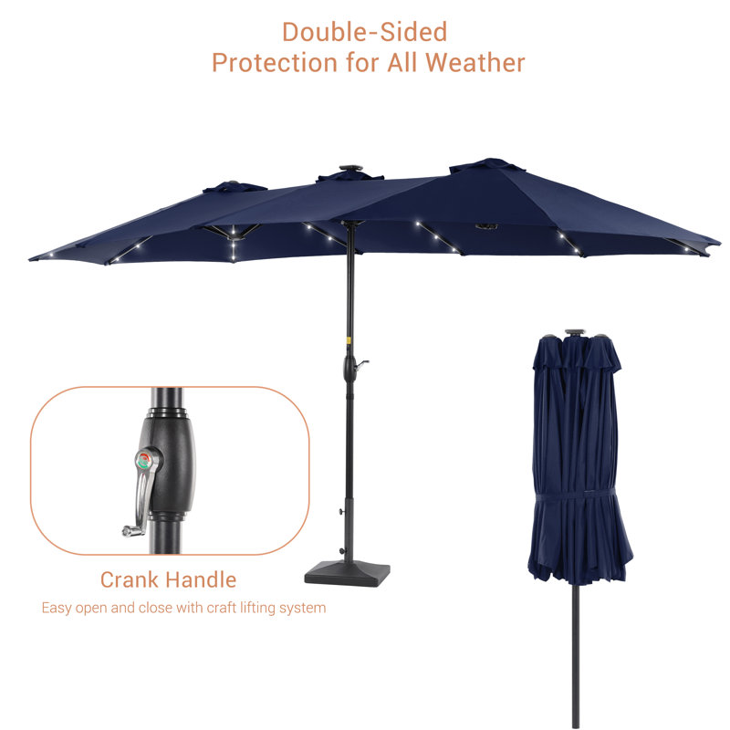 Parasol de marché solaire à DEL 15 pi x 9 pi avec base Mabry, Bleu marine