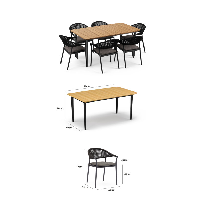Claudia 6 Seater Rectangular Teak Dining Set in Graphite, Charcoal