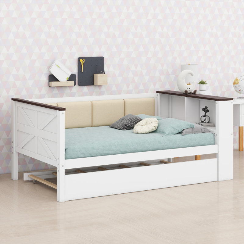 Wood Daybed With Storage Shelves, Upholstered Backrest,USB And Trundle, Twin