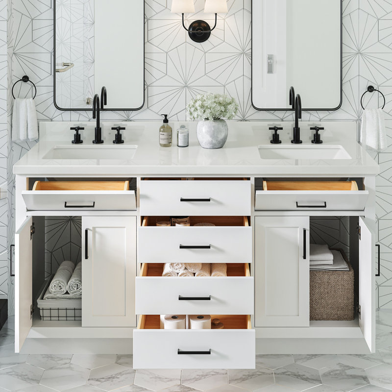 Thornaby 66'' Solid Wood Double Bathroom Vanity with 1.5'' White Quartz Top, Oval Sinks, White / Matte Black, Oval