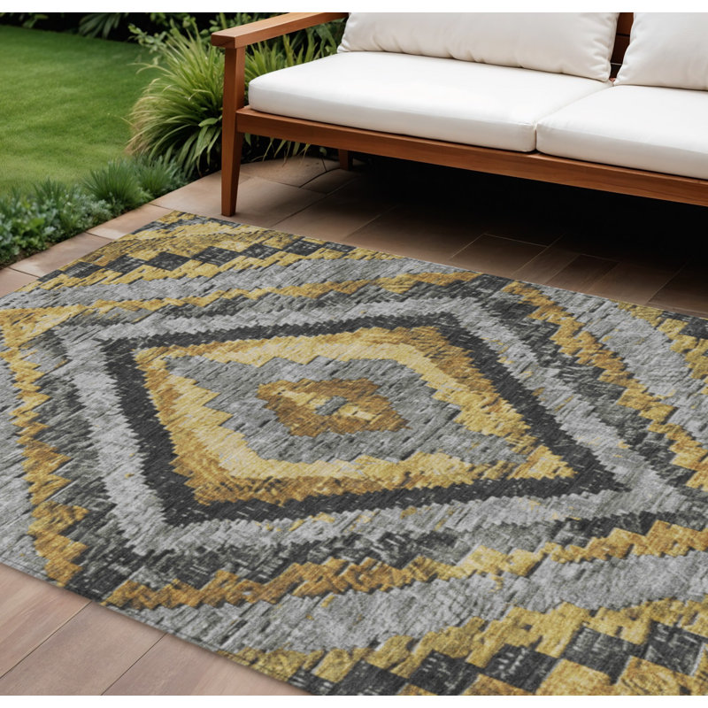 Tapis intérieur/extérieur lavable, motif aztèque doré et gris, 2,74 m x 3,66 m