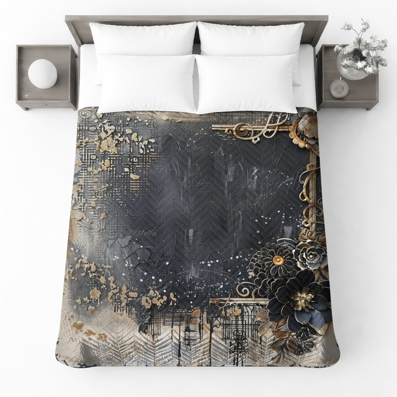 Couvre-lit matelassé à ornements noirs et noirs, Grand lit