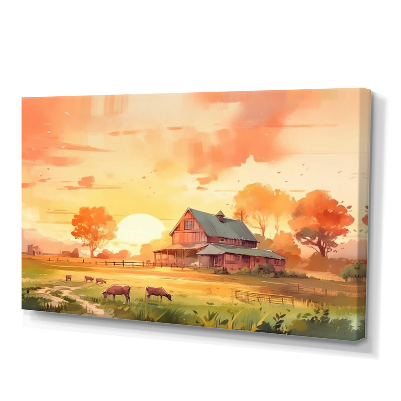 «Burning Sky At Sunset Farmhouse I», impressions sur toile, H 12 po x l 20 po, Toile tendue