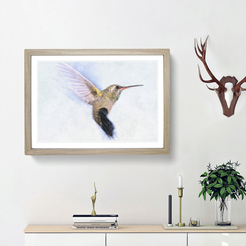 Flying Hummingbird Bird - Picture Frame Graphic Art Print, 24cm H x 33cm W x 2cm D, Oak Framed