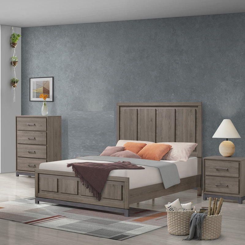 1Pc Contemporary 2-Drawer Storage Nightstand Metal Handle Grey Oak Finish