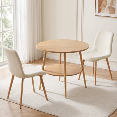 3‑Piece Round Dining Table Set for 2, 31.49” 2‑Tier Storage Wooden Bistro Table with Upholstered Chairs, Space‑Saving Kitchen Dining Furniture for Apartment Studio Small Dining Area