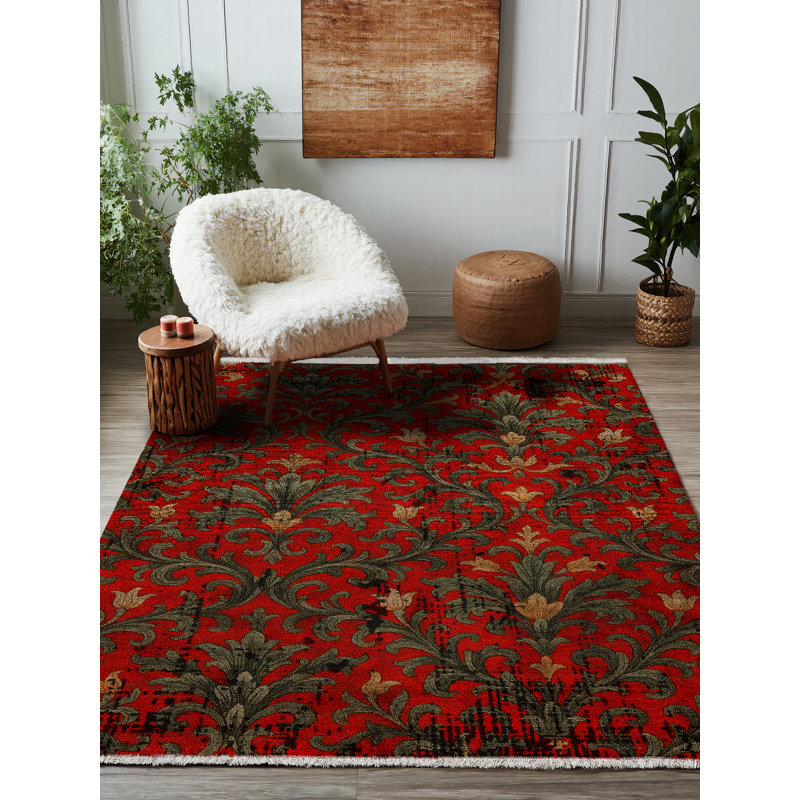 Colchique Collection Digital Print Cotton-Polyester Green Red Floral Rug, Runner 3'4" x 13'2"