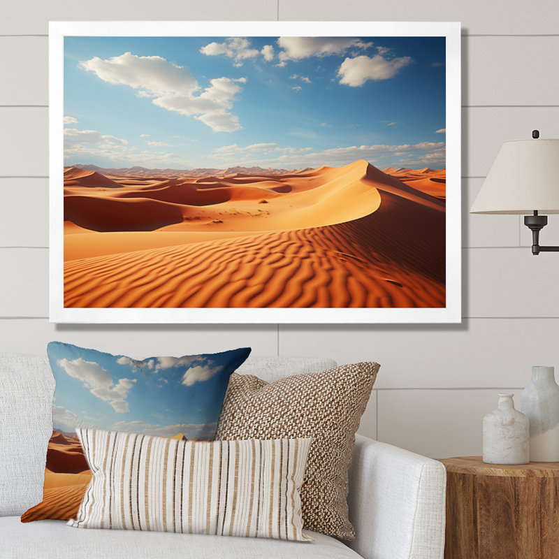 " Beige Blue Indian Art Golden Desert " Mixed Media Print, H 34 po x l 44 po x P 1,5 po, Cadre simple blanc