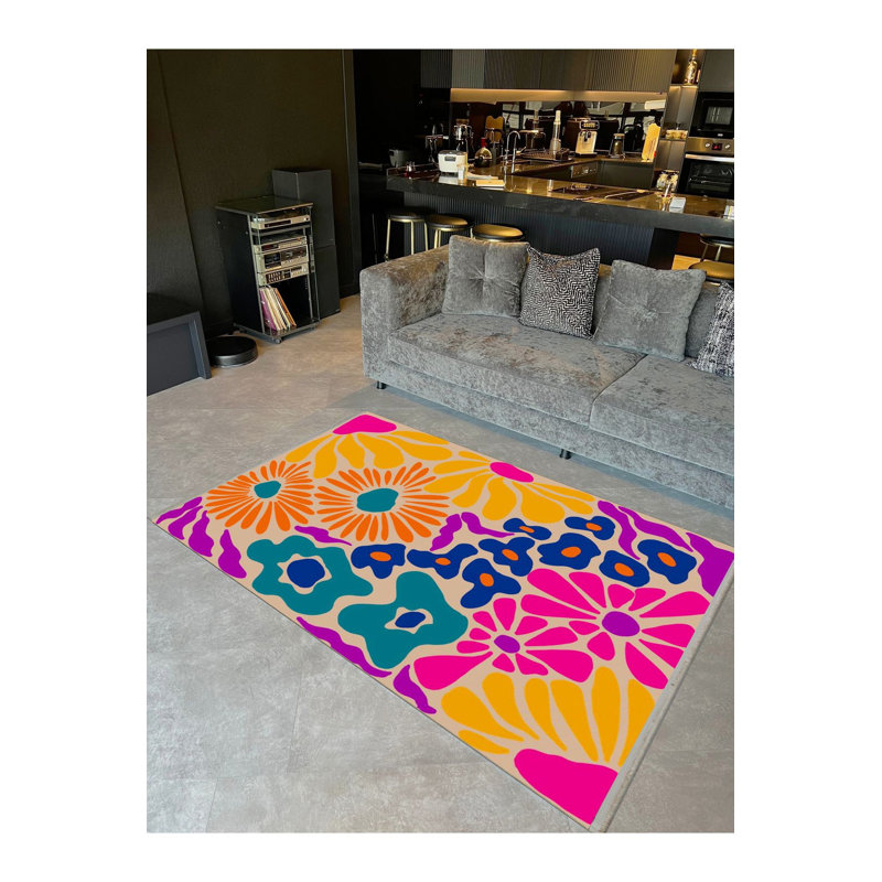 Multicolor Mixed Flower Figures Patterned Modern Decorative Rug, Rectangle 4'7" x 6'7" Rug Pad Included