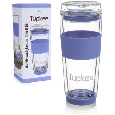 Tupkee Double Wall Glass Tumbler - 14-Ounce, All Glass Hand Blown Reusable Insulated Tea/Coffee Mug & Lid, Travel Mug - Jacaranda
