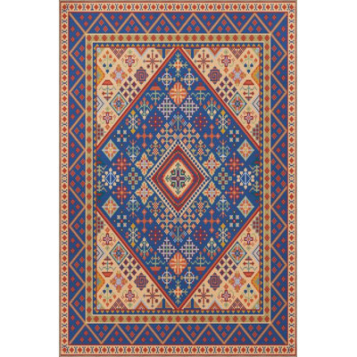 Tapis bleu lavable à motifs tissés