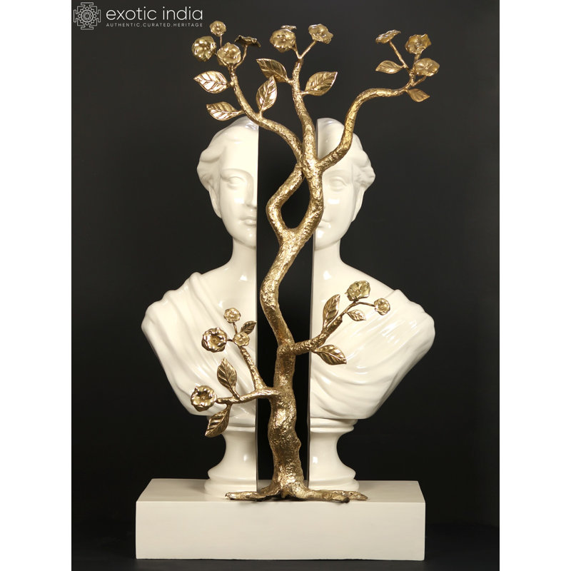 56.5" Natural Life of Man Brass & Resin Modern Art Floor Sculpture with Tree of Life Bust – Oversized Statement Home Décor​