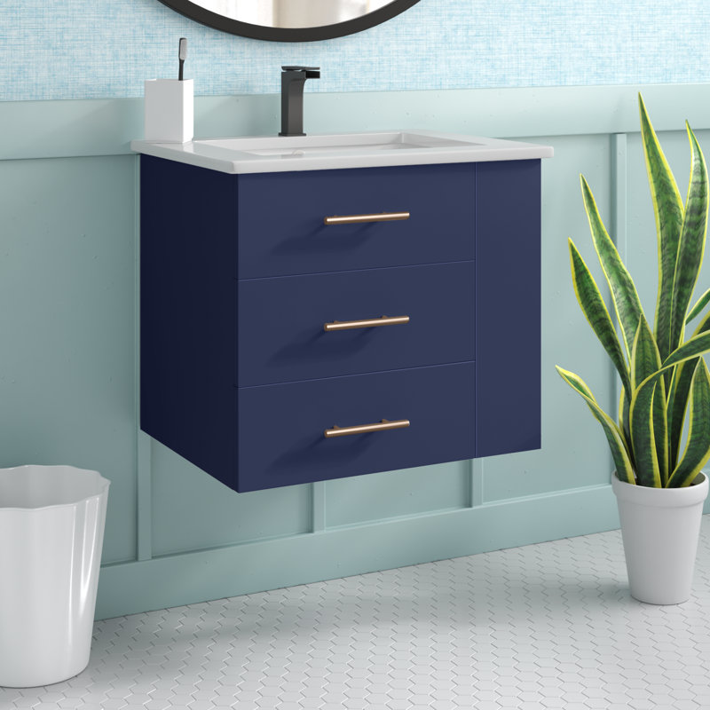Aurilla 24 in. Single Sink Wallmount Bath Vanity with White Ceramic Countertop in Marine Blue with Right Side Shelf