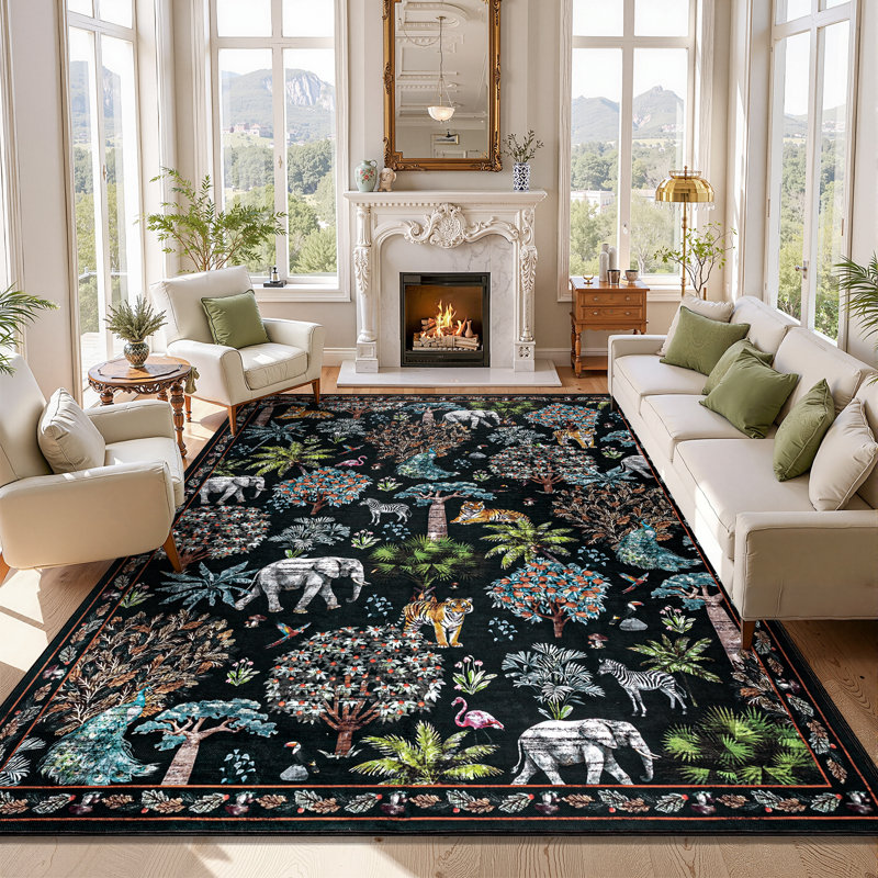 Woven Animal Plants Indoor & Outdoor Area Rug, Rectangle 8' x 10', Black