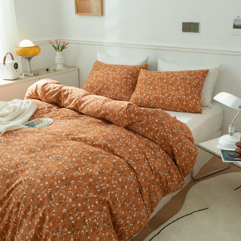 Cotton Floral Print Duvet Cover Set, Orange/Floral, Queen Duvet Cover + 2 Queen Pillowcases