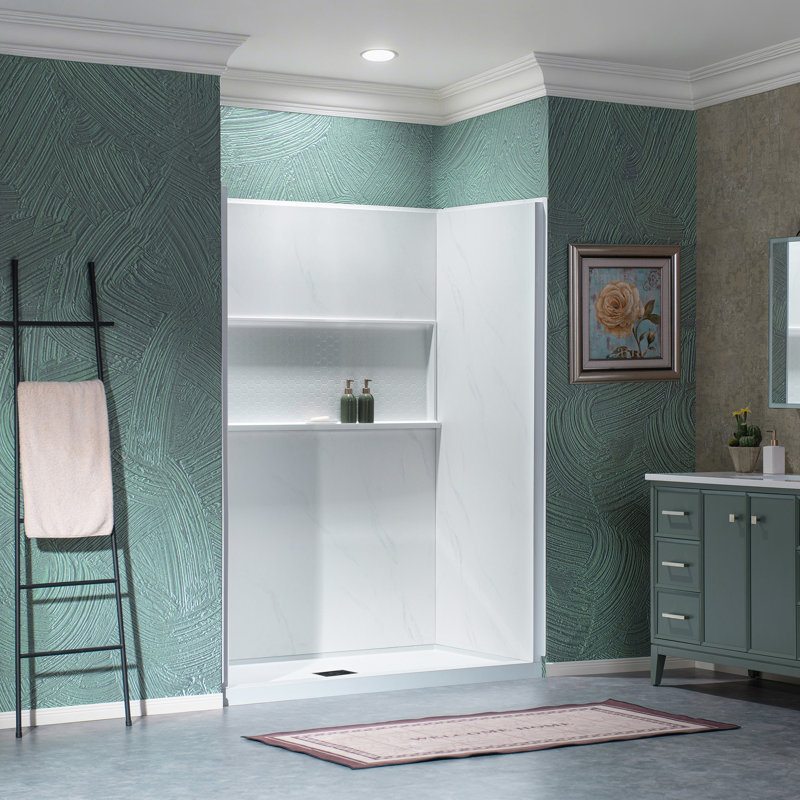 Ensemble de douche 60 "x 32" avec parois de douche et base de douche à coller, Carrara White, Matte Black