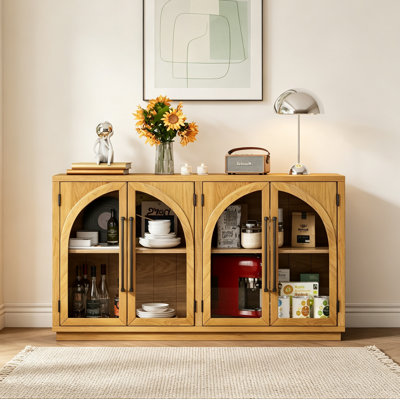 4-Door Large Storage Sideboard Buffet Cabinet With Glass Doors, Arched Cabinet With Adjustable Shelves For Kitchen, Dining Room And Living Room (Natural Wood)