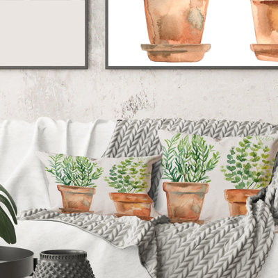 Carré, deux plantes vertes dans des pots de fleurs orange - Coussin décoratif traditionnel