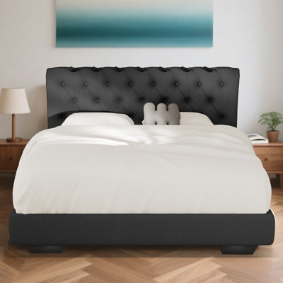 Structure de lit rembourrée en tissu de lin avec tête de lit réglable / style Chesterfield / support à lattes de bois