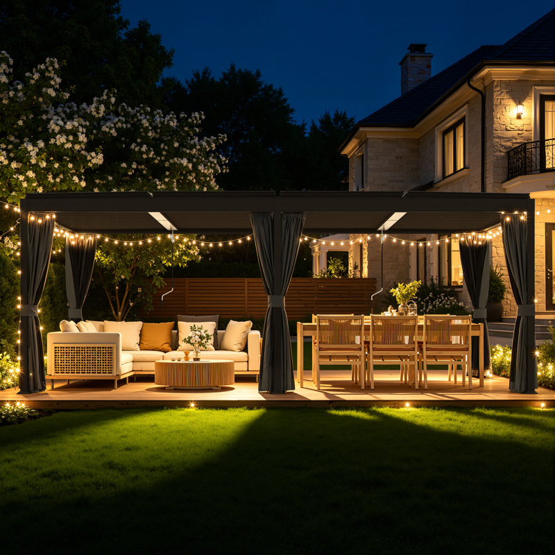 12 x 20ft Louvered Metal Pergola with Adjustable Roof, Waterproof Outdoor Gazebo, Rust-Resistant Patio Shelter with Privacy Curtains & Mosquito Netting for Deck, Backyard & Garden