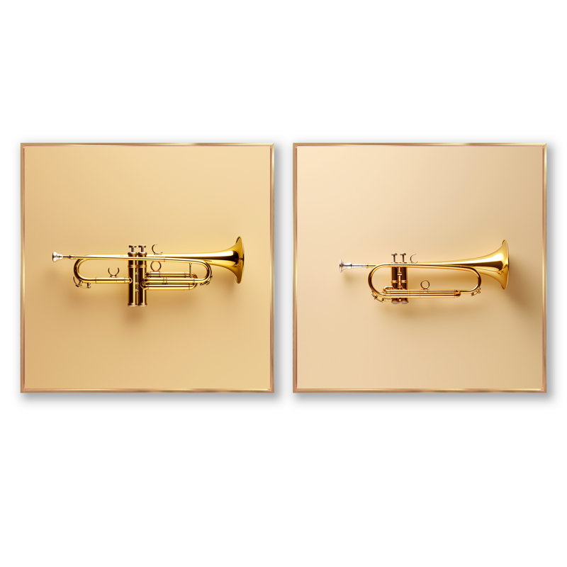 Gold Trumpet Call Bold Brass - Carré musical, ensemble de 2 collages, H 16 po x l 33 po, Cadre flottant doré