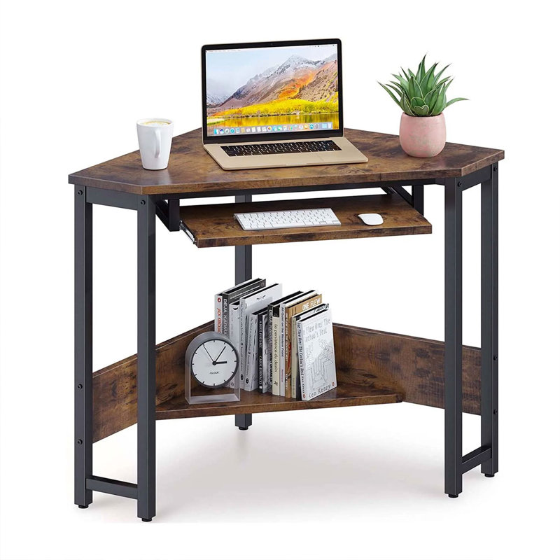 Rustic Brown Wood and Steel Corner Computer Desk with Keyboard Tray