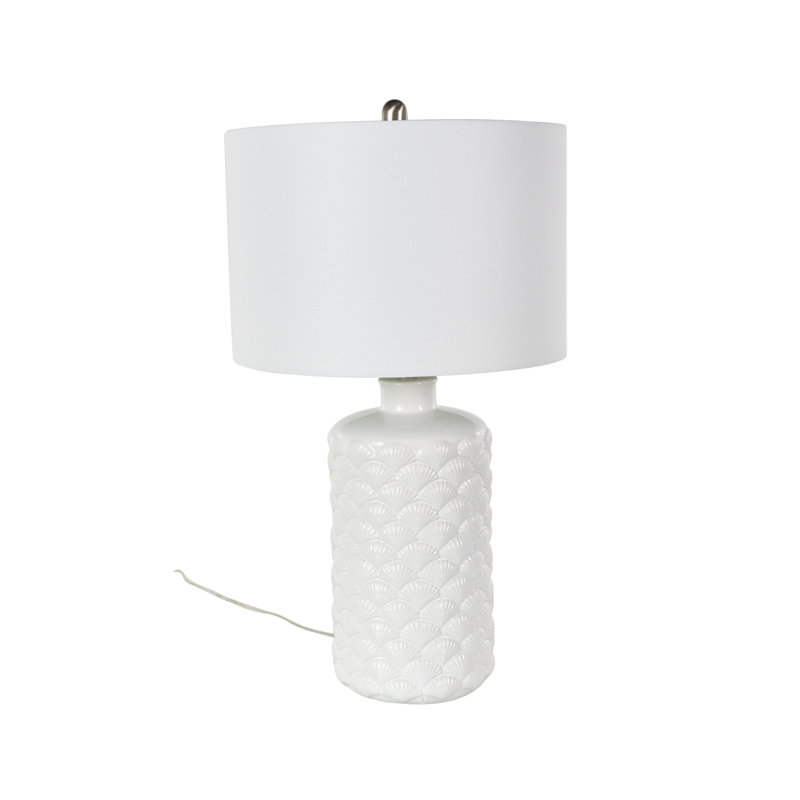 Ceramic Embedded Shell Room White Table Lamp With Drum Linen Shade