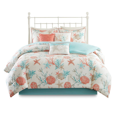 Vibrant Coral King Bedding - 7 Piece Cotton , Printed Shells & Corals, , Easy To Wash, Steam Coastal Comforter King, Soft Starfish Design, Fill