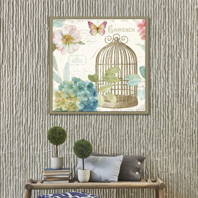 «Rainbow Seeds Floral Birdcage III v2», reproduction de peinture à l'aquarelle, H 21,5 po x l 21,5 po x P 2 po