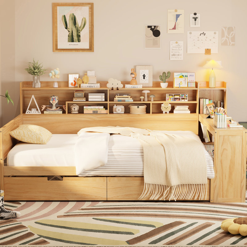 Lit double en bois avec rangement spacieux et bureau pour un espace de travail pratique, Naturel
