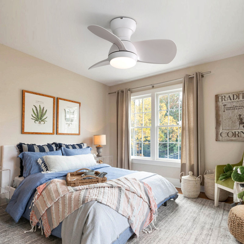 23 Inch Indoor Ceiling Fan With 3 ABS Blades Remote Control Reversible DC Motor White With 18W Led Light, White, White