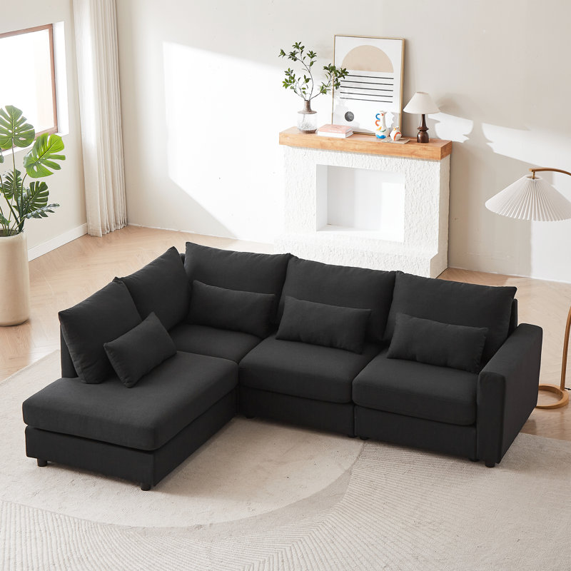 En forme de L avec lin convertible, noir 100,2 po pour salon, appartement, bureau, 4 coussins confortables, 4 coussins lombaires modulaires en tissu relaxant, coussins de canapé
