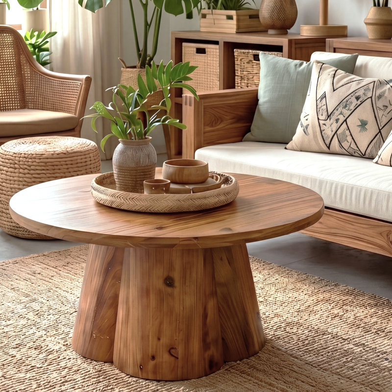Table basse ronde en bois massif l 31,5 po x H 18,9 po avec base robuste pour petits espaces, facile à assembler