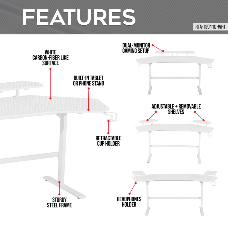 Inbox Zero TS911D Gaming Desk with Shelves & Accessory Holder, White
