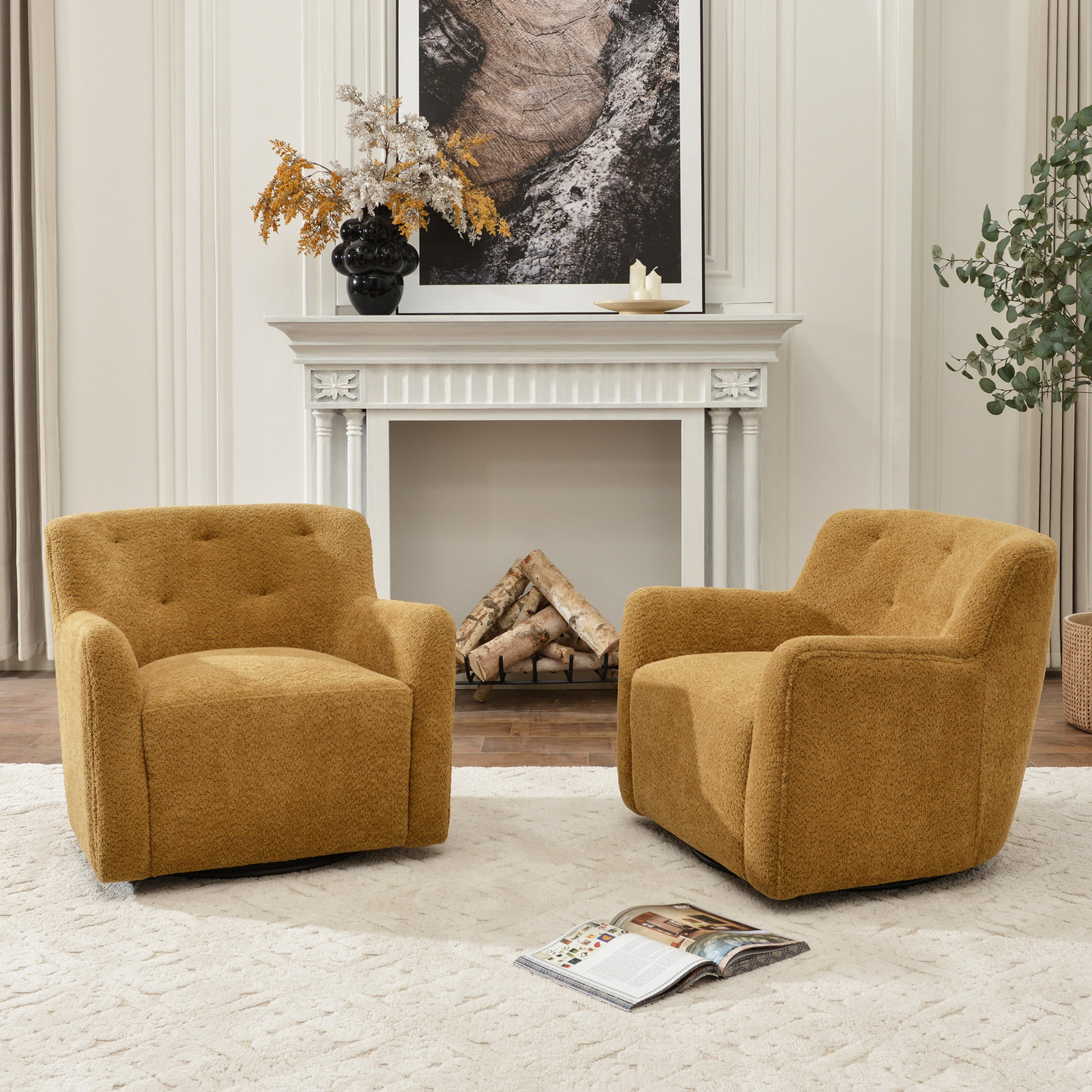 Fae Chenille Swivel Accent Chair, Golden Ochre Textured Chenille