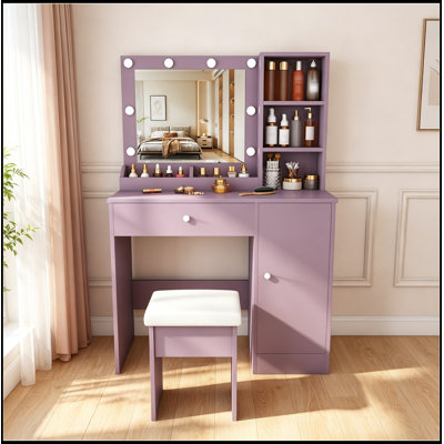 Ensemble de coiffeuse avec tabouret rembourré et miroir lumineux réglable