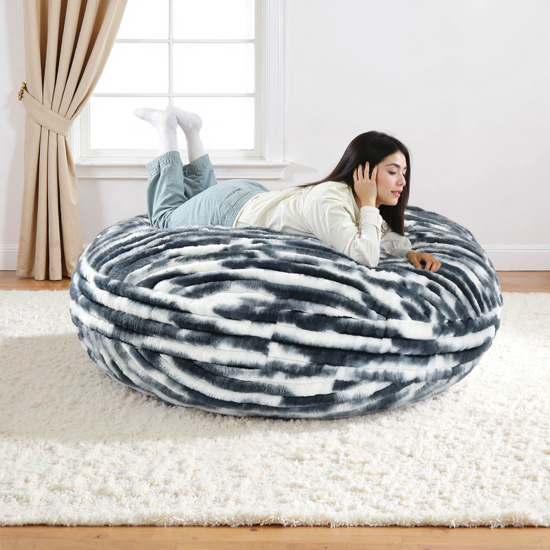Oversized Large Round 5 Foot Giant Foam Filled Faux Rabbit Fur Bean Bag Sofa with Soft Removeable Cover, White/Navy 