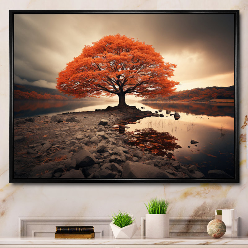 Coral Tree Autumn Whispers II - arbres, impressions sur toile, H 24 po x l 32 po x P 1 po, Cadre flottant noir