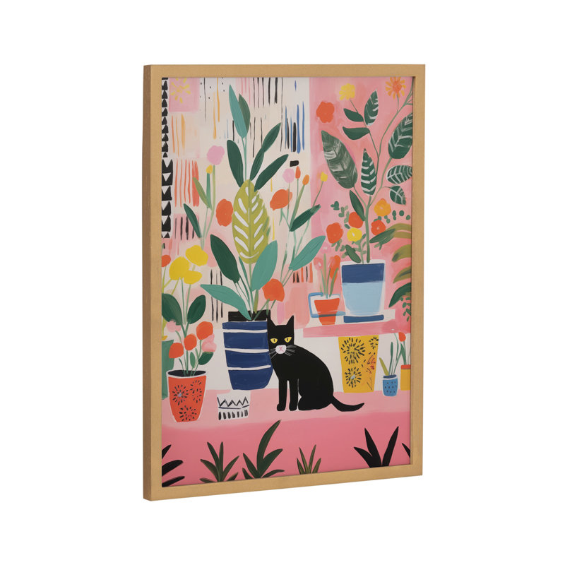 Art coloré chat et plantes, Cadre doré, H 12,65 po x l 16,65 po