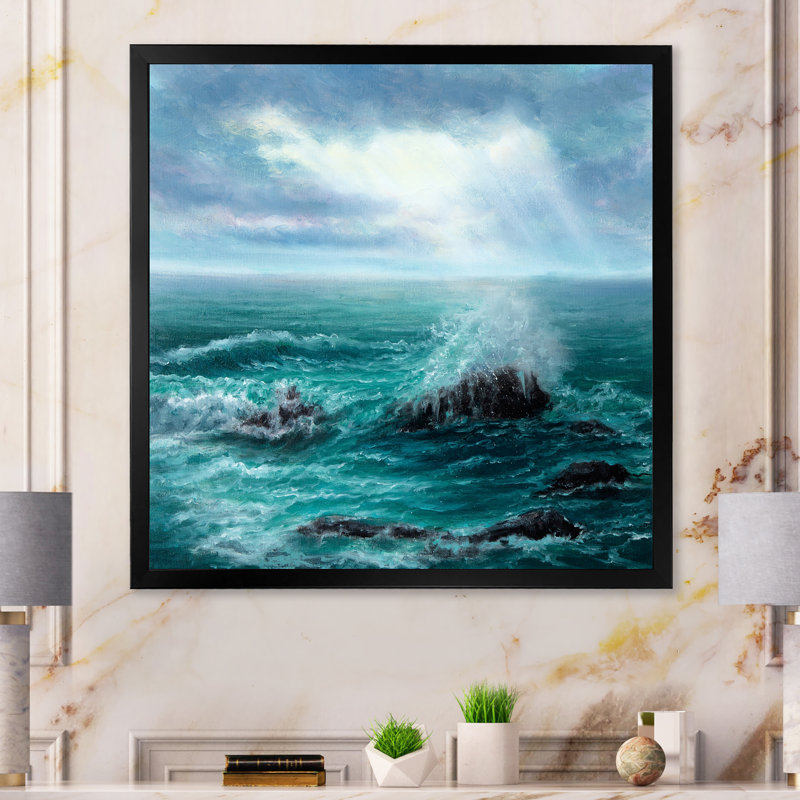 " Wild Blue Ocean Waves II ", Black Picture Framed Canvas, 30" H x 30" W x 1" D