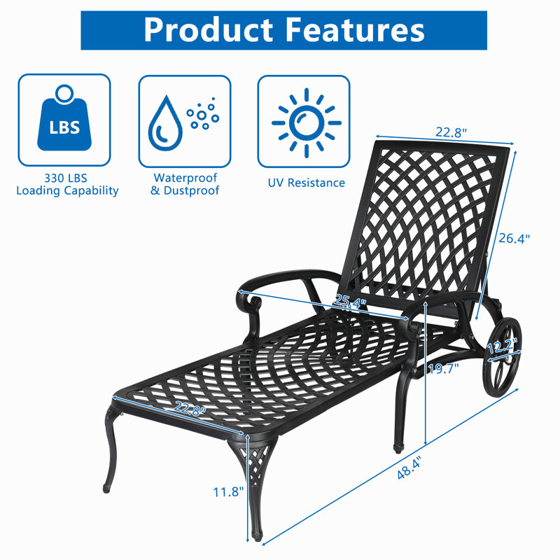 Chaise longue inclinable 48,4 po Bauder, Noir