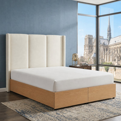 Lit tapissier à oreilles moderne avec 2 tiroirs de pied de lit, grand, lin beige
