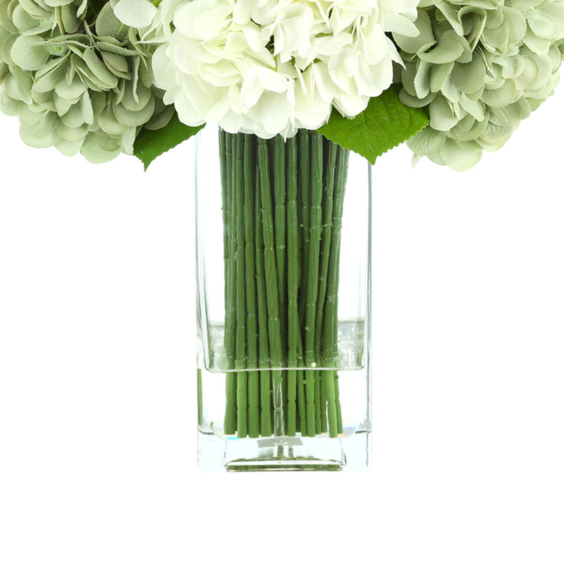 Assorted Hydrangeas, Lamb's Ear and Protea Arranged in Glass Vase