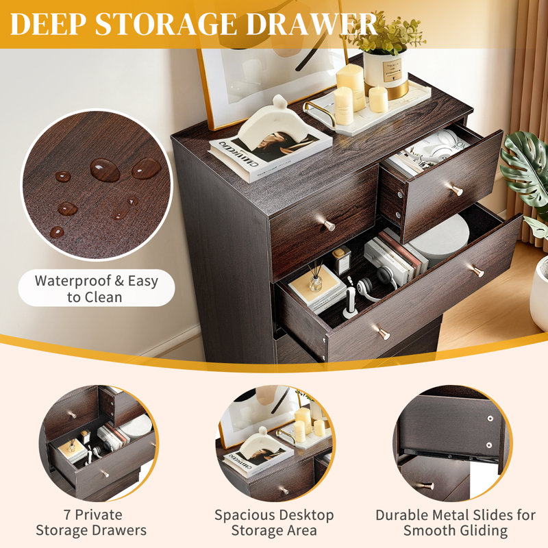  Large 7-Drawer Dresser For Bedroom And Chest Of Drawers With Sturdy Construction Wood Storage Organizer For Closet In Brown