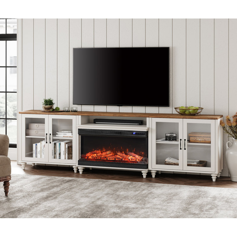 TV Stand With 36" Electric Fireplace For Tvs Up To 100'', Home Entertainment Center With 4 Glass Doors For 75/80/85/90 Inch TV